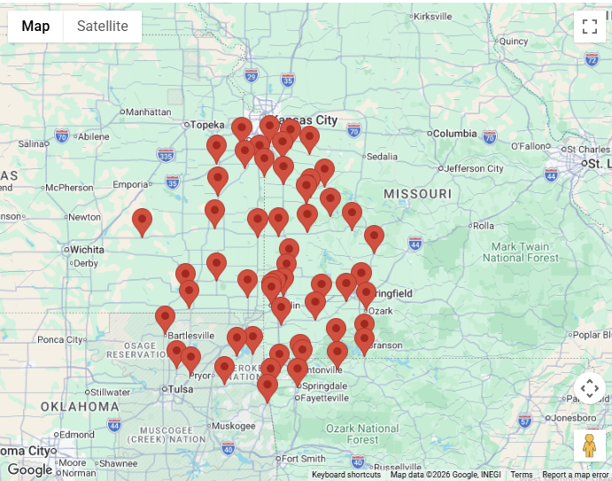 Google map showing VFW posts within 100 miles of Pittsburg Kansas as red pins on a map.