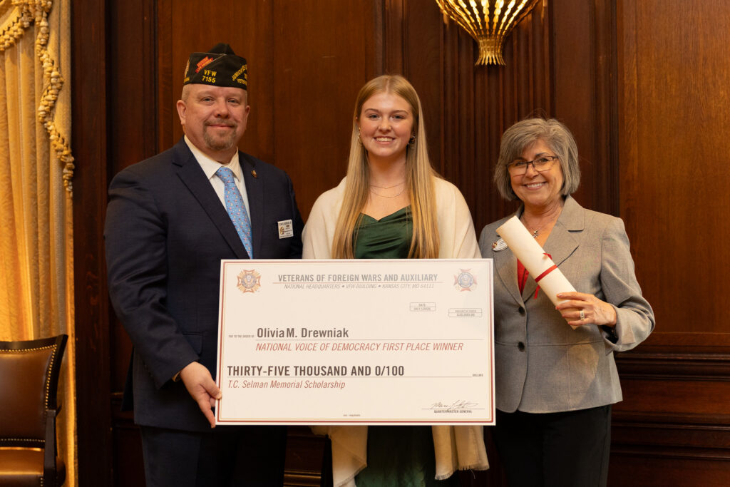 Olivia M. Drewniak receives a $35,000 scholarship as the first-place winner of the National Voice of Democracy contest.