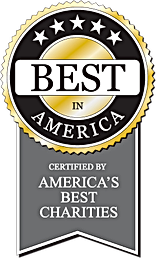 Best in America certification seal awarded by America's Best Charities, featuring gold and black colors with five stars.