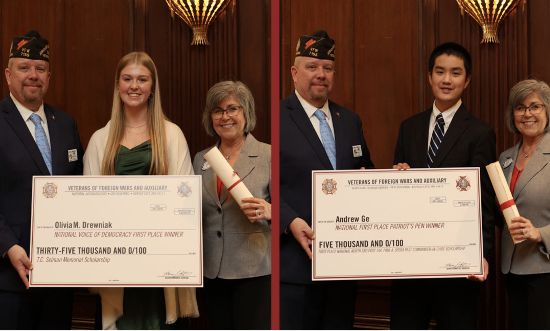 Dos ganadoras de becas, Olivia M. Drewniak y Andrew Ge, sostienen con orgullo sus premios en el evento nacional de becas juveniles de VFW.