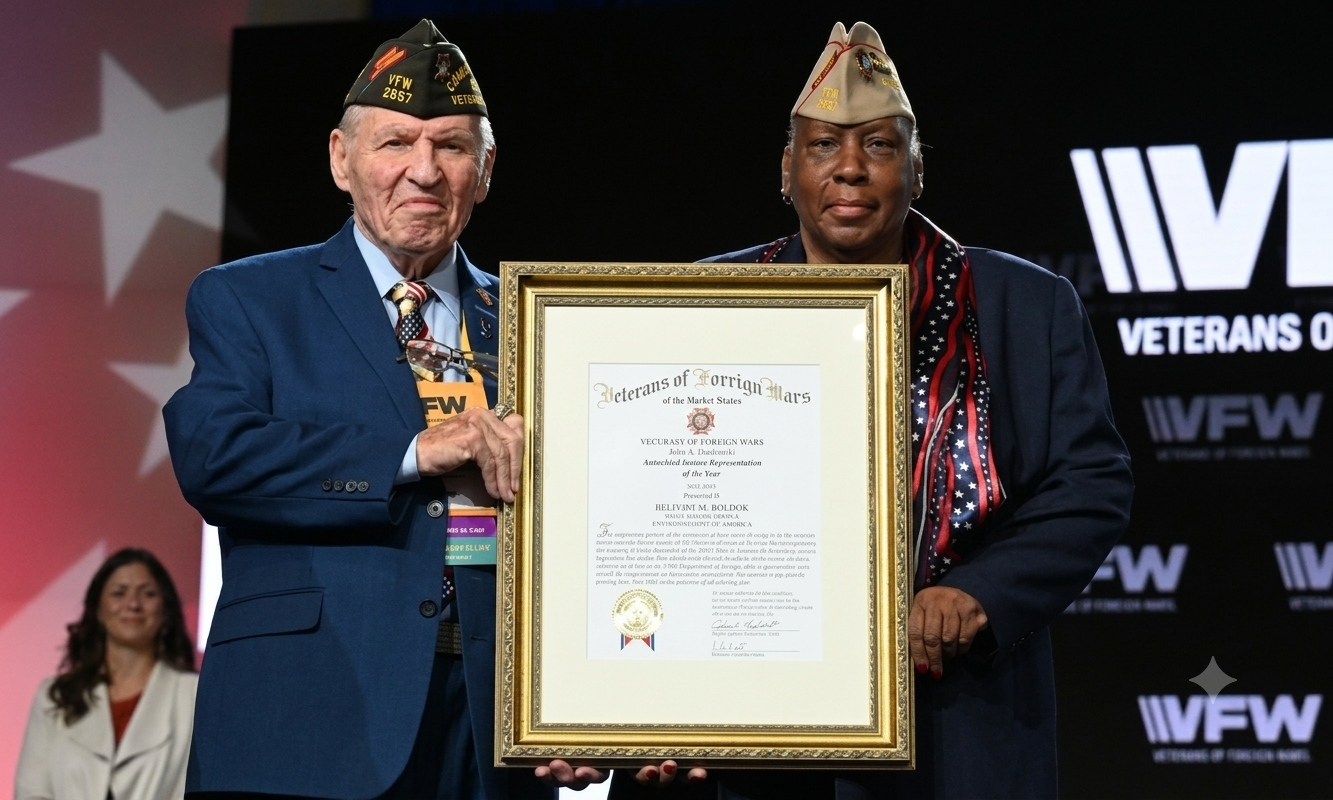 Two veterans proudly hold a framed award recognizing a fellow veteran for their outstanding service and contributions.