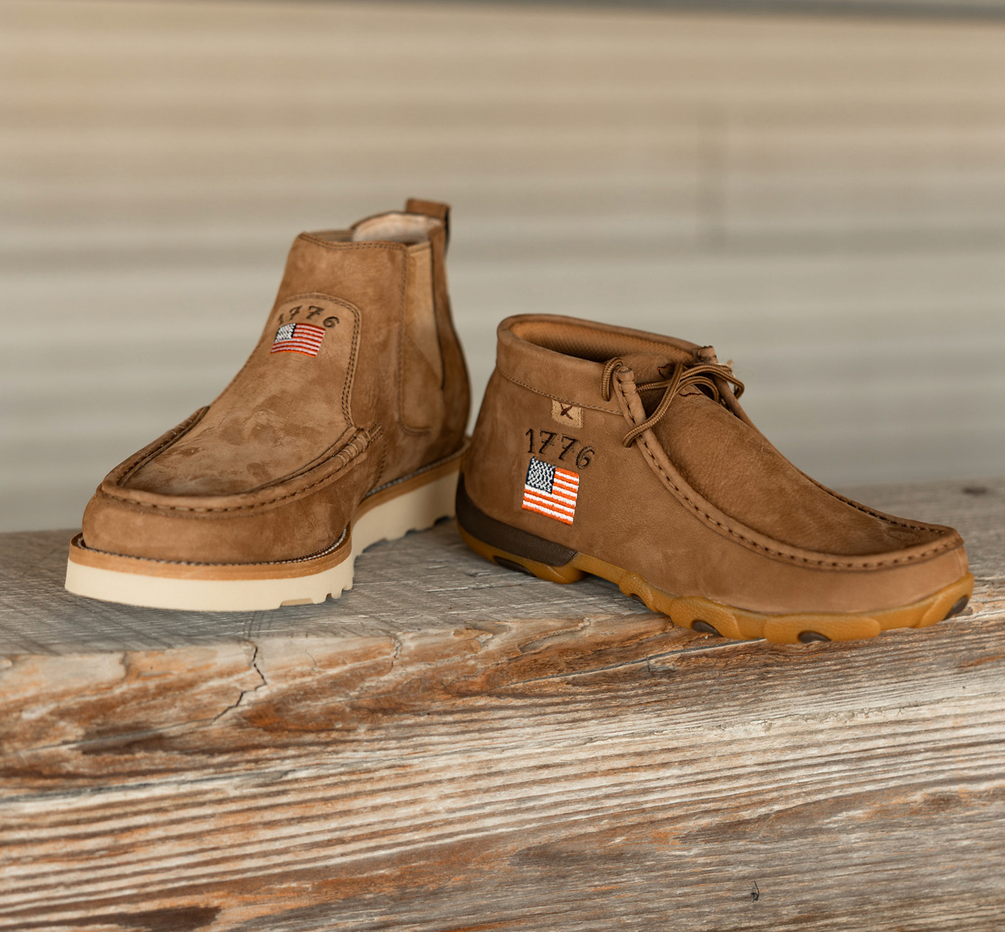Two pairs of Twisted X boots featuring American flag patches, celebrating the 250th Anniversary Collection.